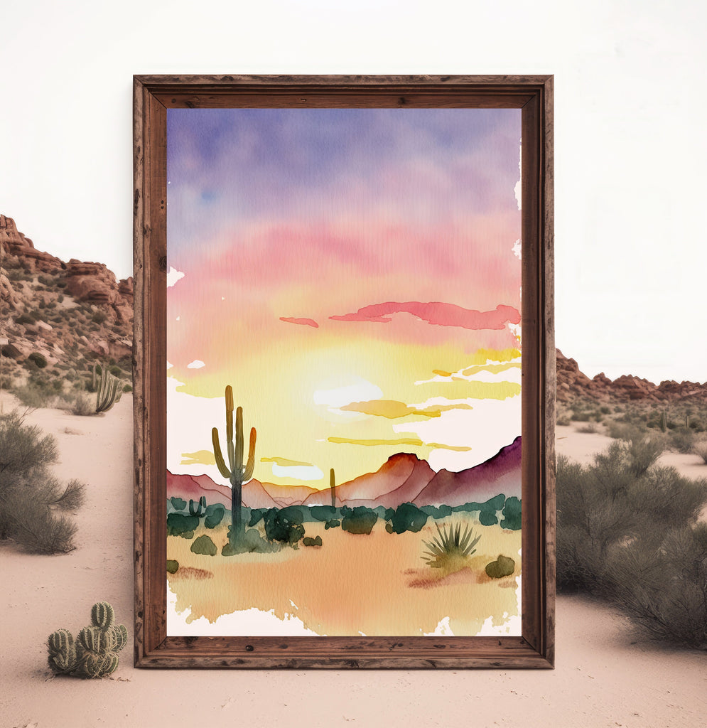 Desert Cactus Sunset Print Colorful Minimalist Watercolor Wall Art Southwest Landscape Gift Saguaro Beautiful Nature Home Decor