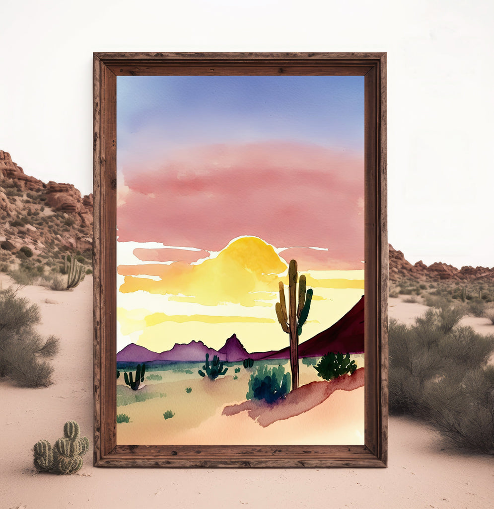 Desert Cactus Sunset Print Colorful Minimalist Watercolor Wall Art Southwest Landscape Gift Saguaro Beautiful Nature Home Decor