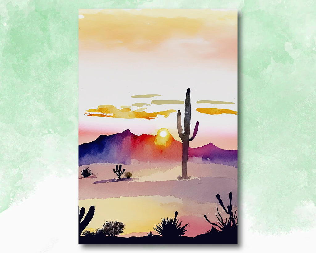 Desert Cactus Sunset Print Colorful Minimalist Watercolor Wall Art Southwest Landscape Gift Saguaro Beautiful Nature Home Decor