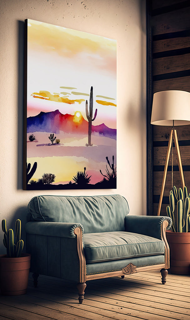 Desert Cactus Sunset Print Colorful Minimalist Watercolor Wall Art Southwest Landscape Gift Saguaro Beautiful Nature Home Decor