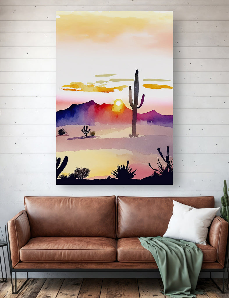 Desert Cactus Sunset Print Colorful Minimalist Watercolor Wall Art Southwest Landscape Gift Saguaro Beautiful Nature Home Decor