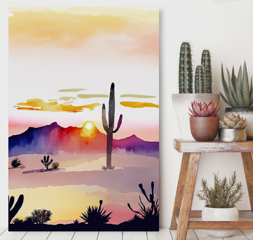 Desert Cactus Sunset Print Colorful Minimalist Watercolor Wall Art Southwest Landscape Gift Saguaro Beautiful Nature Home Decor