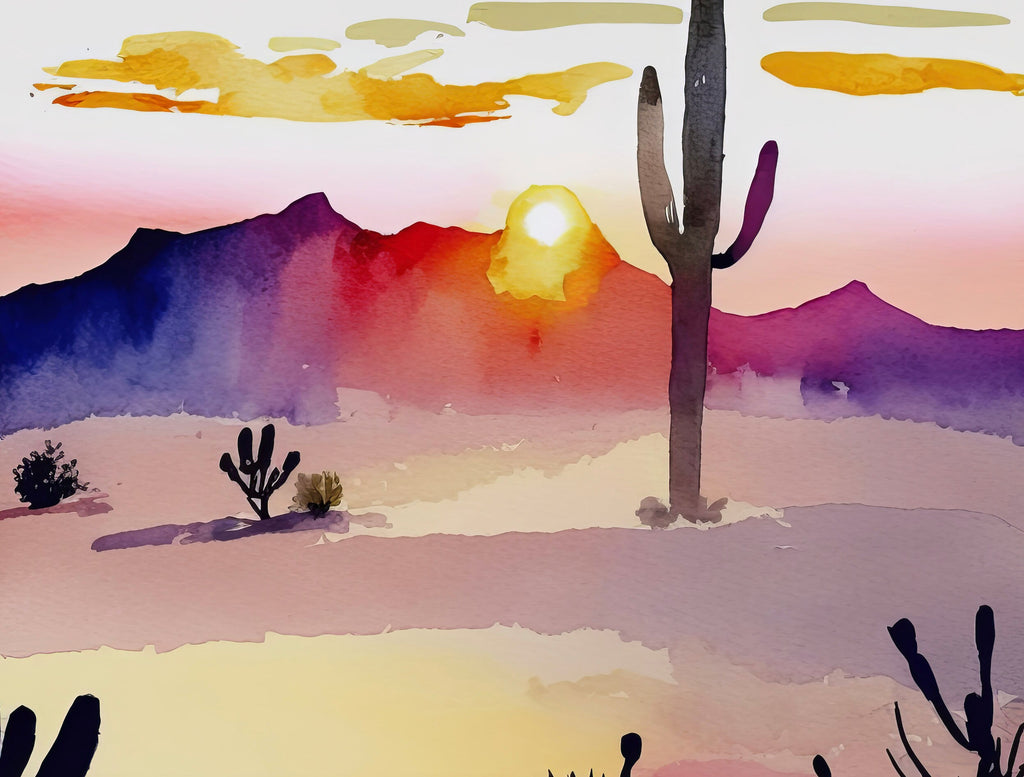 Desert Cactus Sunset Print Colorful Minimalist Watercolor Wall Art Southwest Landscape Gift Saguaro Beautiful Nature Home Decor