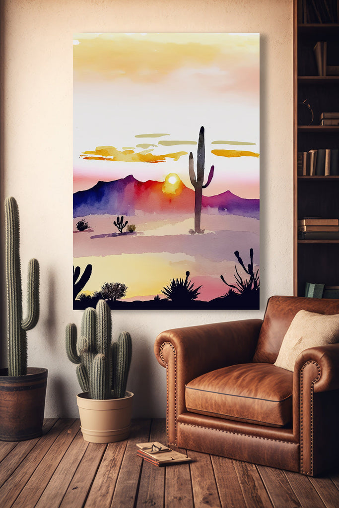 Desert Cactus Sunset Print Colorful Minimalist Watercolor Wall Art Southwest Landscape Gift Saguaro Beautiful Nature Home Decor