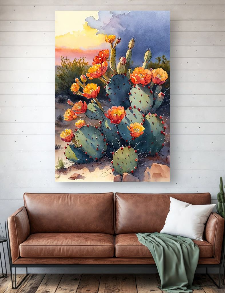 Flower Prickly Pear Cactus Sunset Art Print Watercolor Botanical Desert Wall Art Nature Inspired Sonoran Art Southwest Western Decor