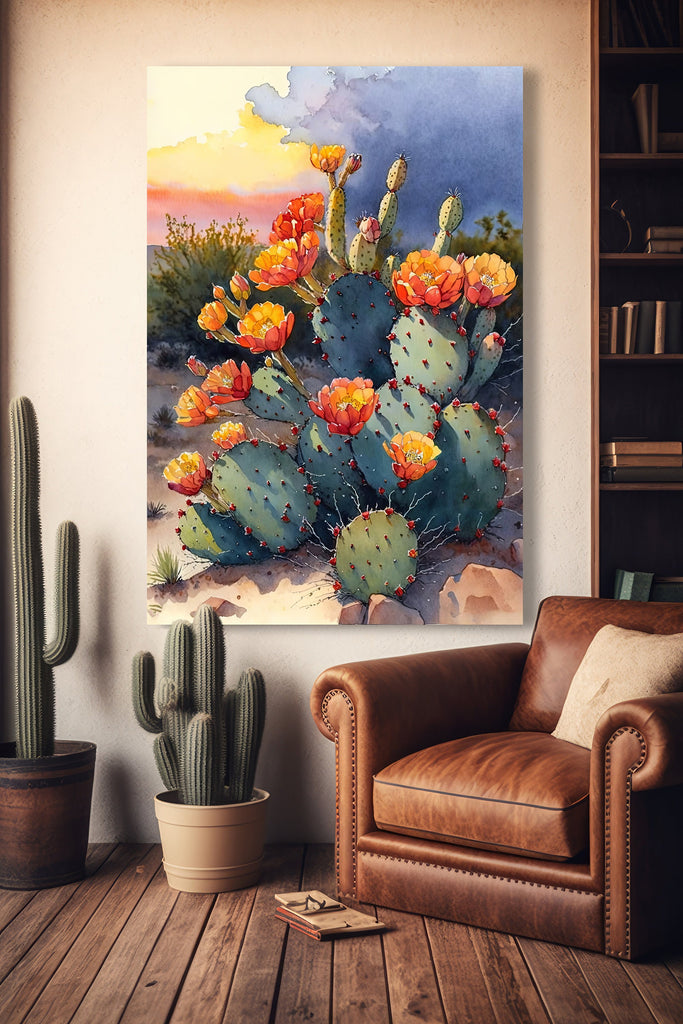 Flower Prickly Pear Cactus Sunset Art Print Watercolor Botanical Desert Wall Art Nature Inspired Sonoran Art Southwest Western Decor