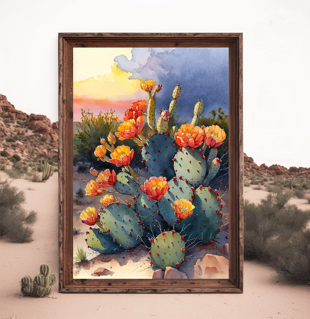 Flower Prickly Pear Cactus Sunset Art Print Watercolor Botanical Desert Wall Art Nature Inspired Sonoran Art Southwest Western Decor