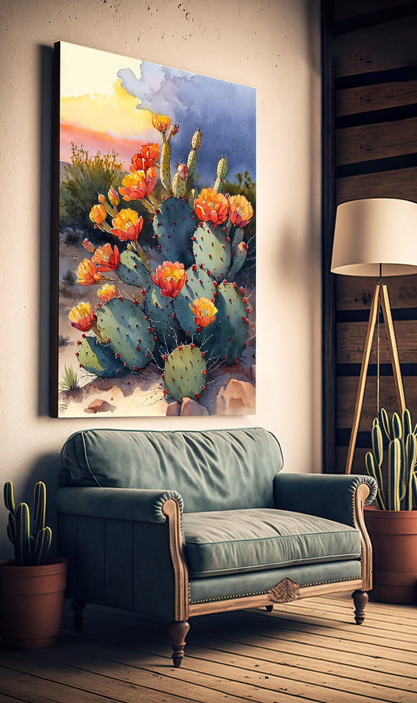 Flower Prickly Pear Cactus Sunset Art Print Watercolor Botanical Desert Wall Art Nature Inspired Sonoran Art Southwest Western Decor