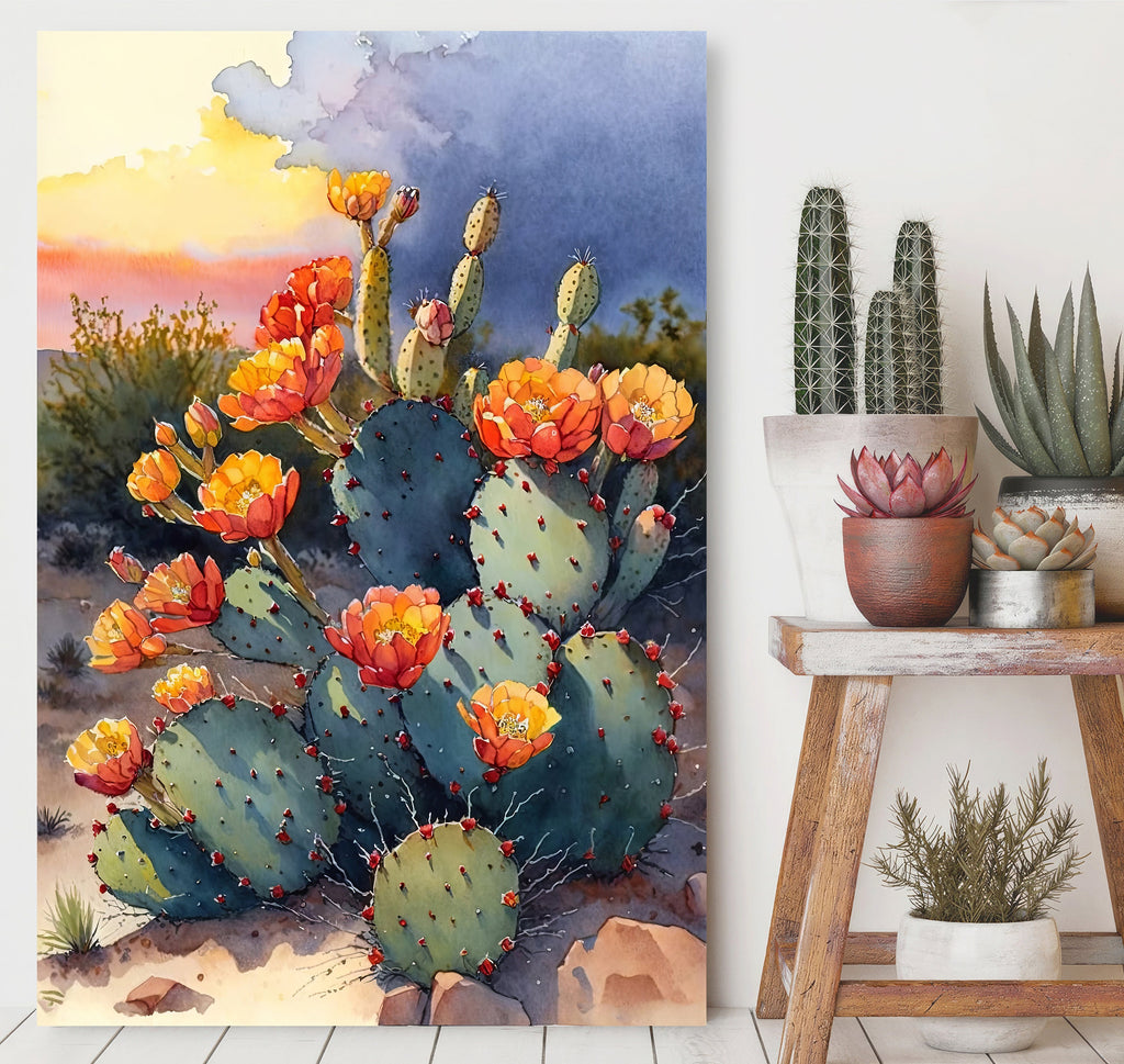 Flower Prickly Pear Cactus Sunset Art Print Watercolor Botanical Desert Wall Art Nature Inspired Sonoran Art Southwest Western Decor