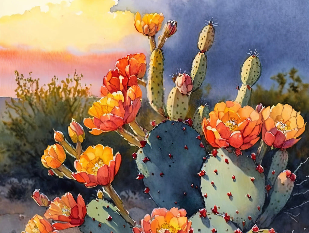 Flower Prickly Pear Cactus Sunset Art Print Watercolor Botanical Desert Wall Art Nature Inspired Sonoran Art Southwest Western Decor