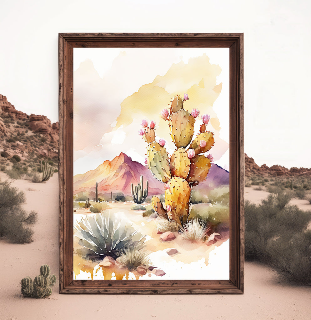 Flower Prickly Pear Cactus Sunset Art Print Watercolor Botanical Desert Wall Art Nature Inspired Sonoran Art Southwest Western Decor