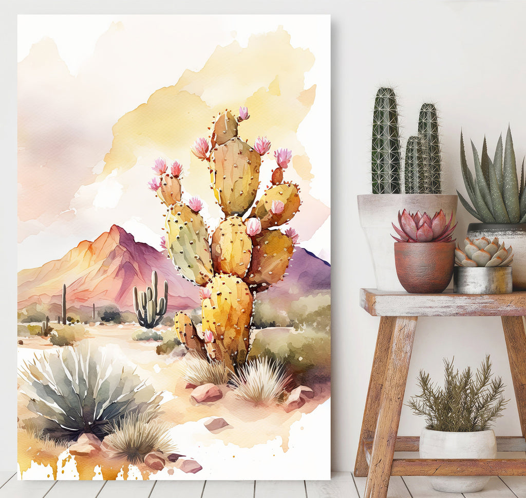 Flower Prickly Pear Cactus Sunset Art Print Watercolor Botanical Desert Wall Art Nature Inspired Sonoran Art Southwest Western Decor