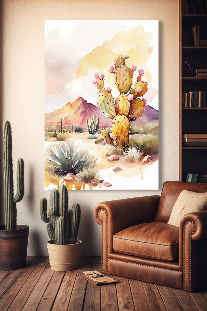 Flower Prickly Pear Cactus Sunset Art Print Watercolor Botanical Desert Wall Art Nature Inspired Sonoran Art Southwest Western Decor