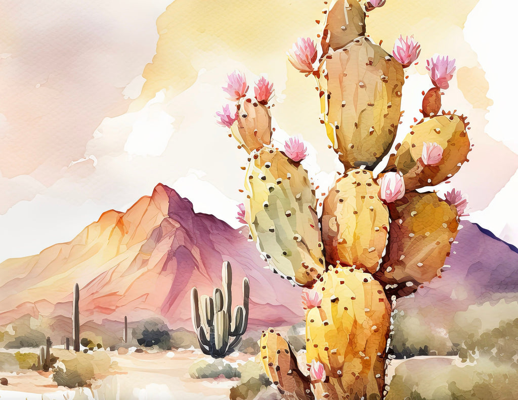 Flower Prickly Pear Cactus Sunset Art Print Watercolor Botanical Desert Wall Art Nature Inspired Sonoran Art Southwest Western Decor