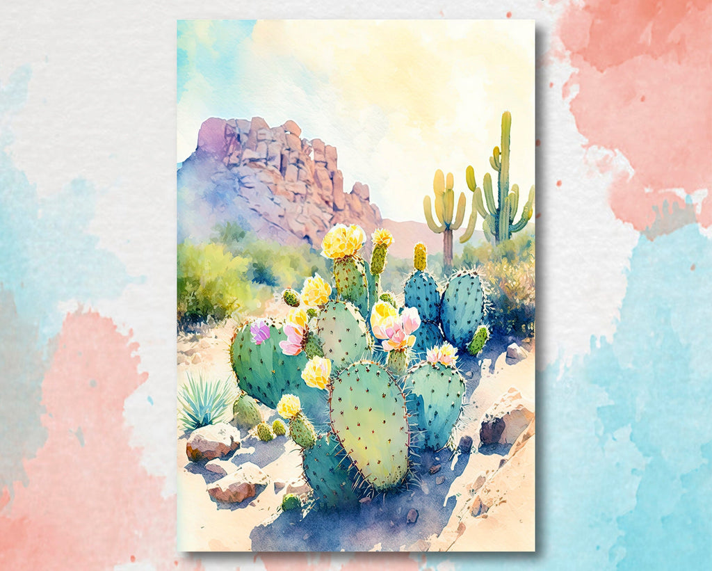 Flower Prickly Pear Cactus Sunset Art Print Watercolor Botanical Desert Wall Art Nature Inspired Sonoran Art Southwest Western Decor