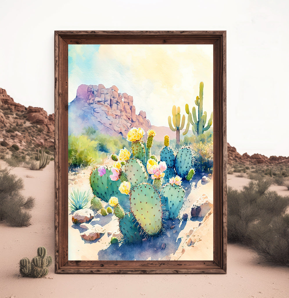 Flower Prickly Pear Cactus Sunset Art Print Watercolor Botanical Desert Wall Art Nature Inspired Sonoran Art Southwest Western Decor