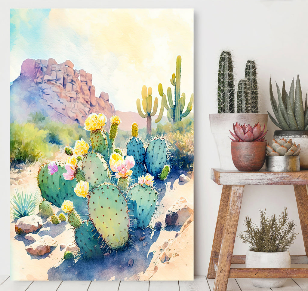 Flower Prickly Pear Cactus Sunset Art Print Watercolor Botanical Desert Wall Art Nature Inspired Sonoran Art Southwest Western Decor