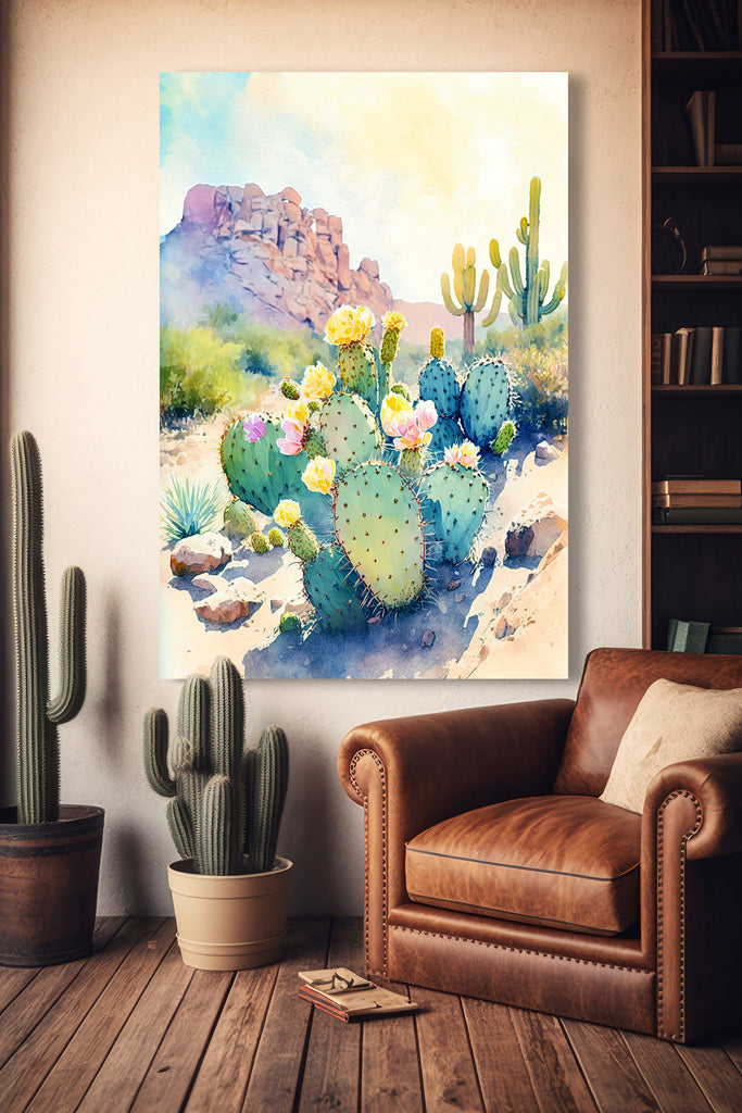 Flower Prickly Pear Cactus Sunset Art Print Watercolor Botanical Desert Wall Art Nature Inspired Sonoran Art Southwest Western Decor