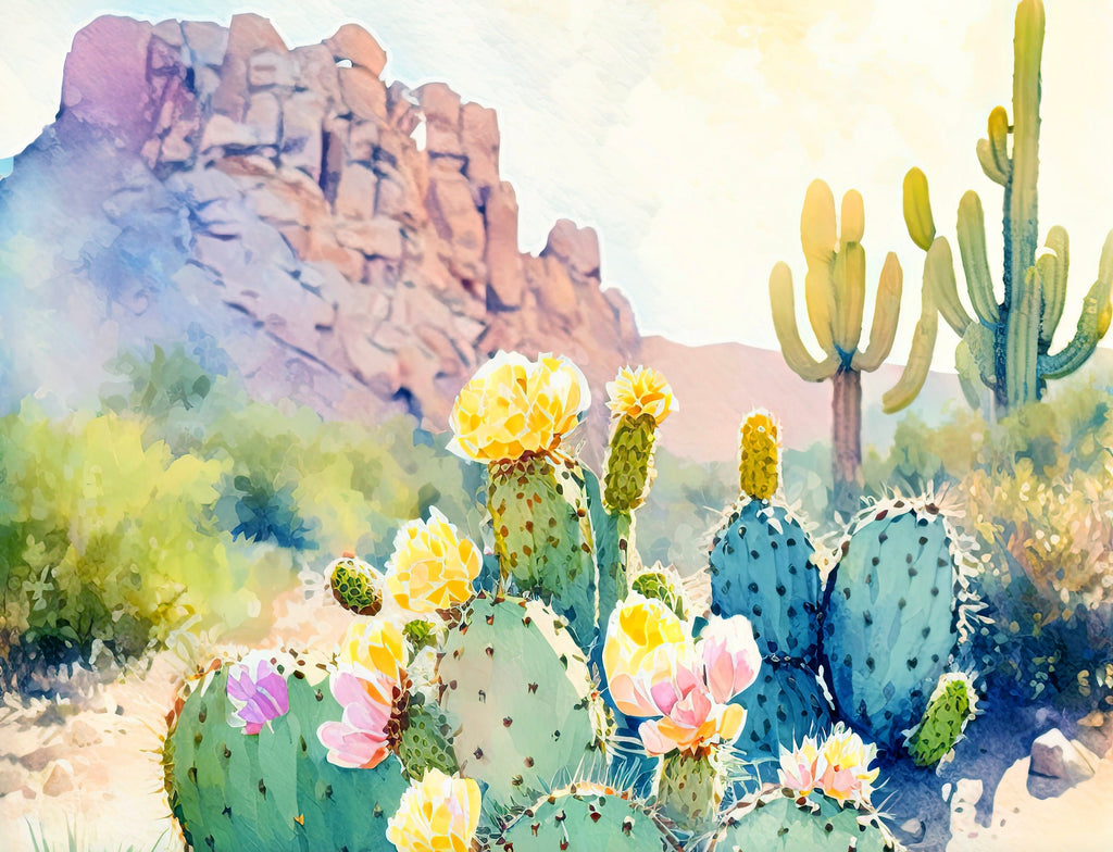 Flower Prickly Pear Cactus Sunset Art Print Watercolor Botanical Desert Wall Art Nature Inspired Sonoran Art Southwest Western Decor