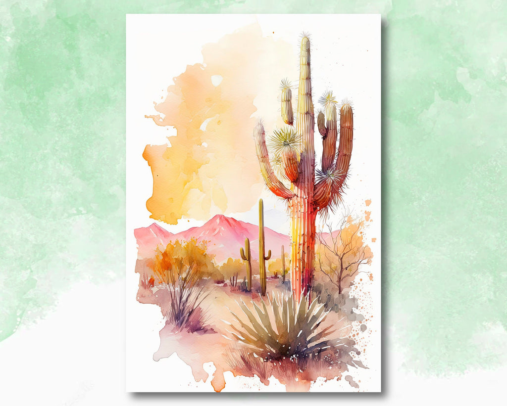 Saguaro Cactus Desert Landscape Watercolor Print Colorful Wall Art Southwest Gift Beautiful Nature Home Decor