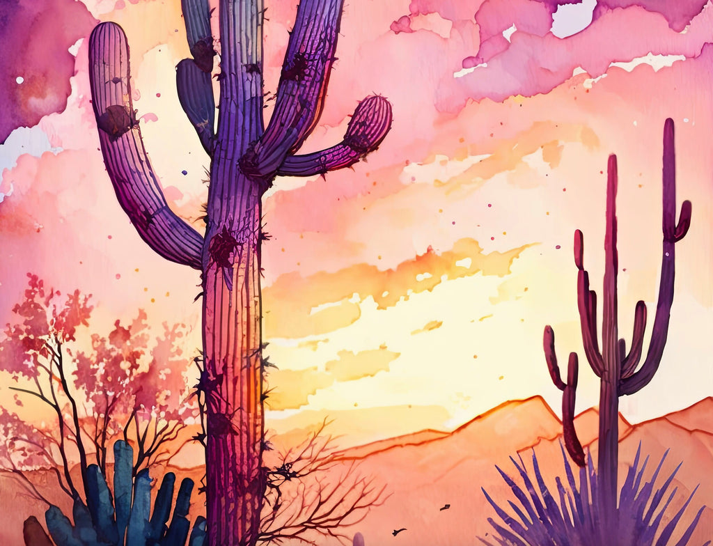 Desert Cactus Sunset Print Colorful Watercolor Wall Art Southwest Landscape Gift Saguaro Beautiful Nature Home Decor