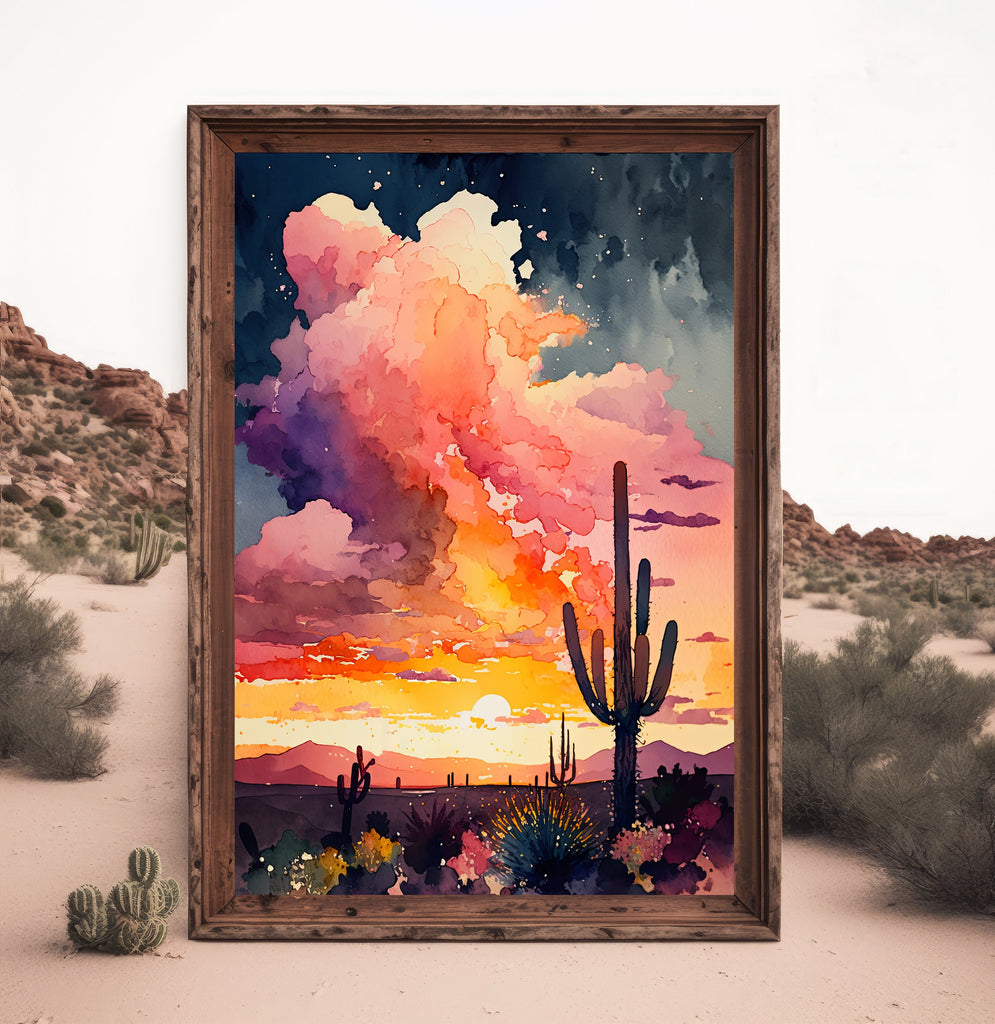 Desert Cactus Sunset Print Colorful Watercolor Wall Art Southwest Landscape Gift Saguaro Beautiful Nature Home Decor