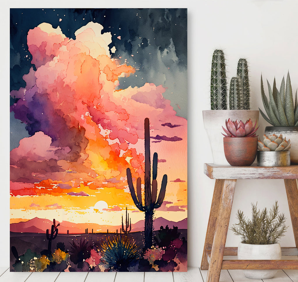 Desert Cactus Sunset Print Colorful Watercolor Wall Art Southwest Landscape Gift Saguaro Beautiful Nature Home Decor