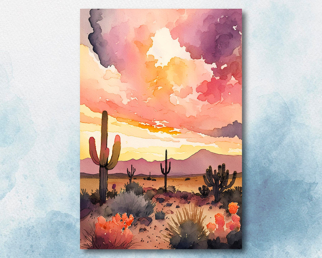 Desert Cactus Sunset Print Colorful Watercolor Wall Art Southwest Landscape Gift Saguaro Beautiful Nature Home Decor