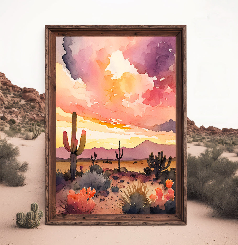 Desert Cactus Sunset Print Colorful Watercolor Wall Art Southwest Landscape Gift Saguaro Beautiful Nature Home Decor