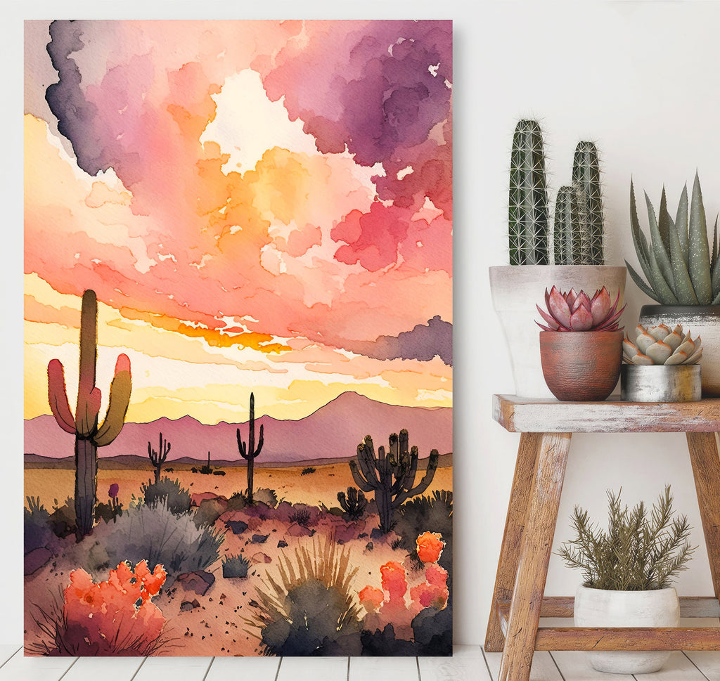 Desert Cactus Sunset Print Colorful Watercolor Wall Art Southwest Landscape Gift Saguaro Beautiful Nature Home Decor