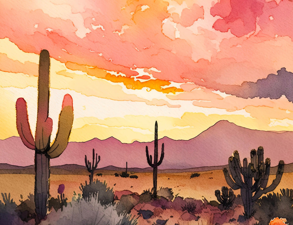 Desert Cactus Sunset Print Colorful Watercolor Wall Art Southwest Landscape Gift Saguaro Beautiful Nature Home Decor