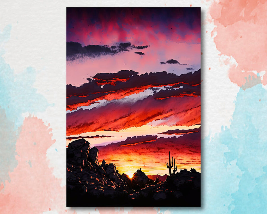 Desert Cactus Sunset Print Colorful Watercolor Wall Art Southwest Landscape Gift Saguaro Beautiful Nature Home Decor