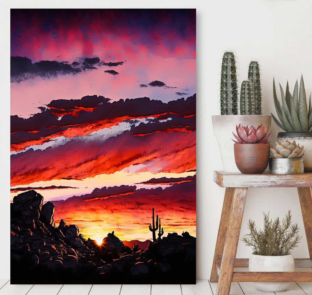 Desert Cactus Sunset Print Colorful Watercolor Wall Art Southwest Landscape Gift Saguaro Beautiful Nature Home Decor