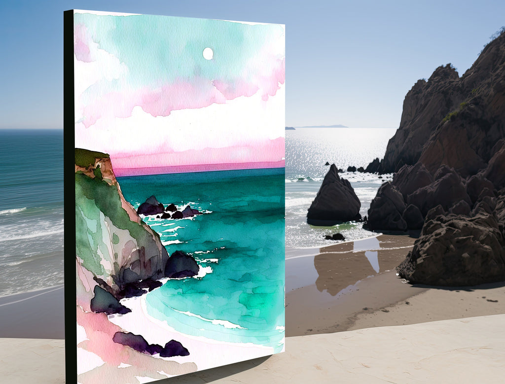 California Big Sur Beach Sunset Art Print Watercolor Ocean Wall Art Coastal Landscape Painting Gift Beach House Decor