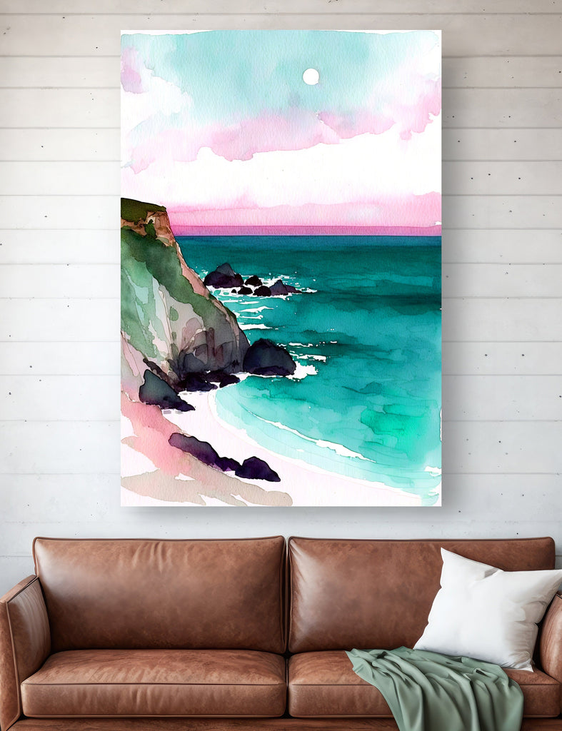 California Big Sur Beach Sunset Art Print Watercolor Ocean Wall Art Coastal Landscape Painting Gift Beach House Decor