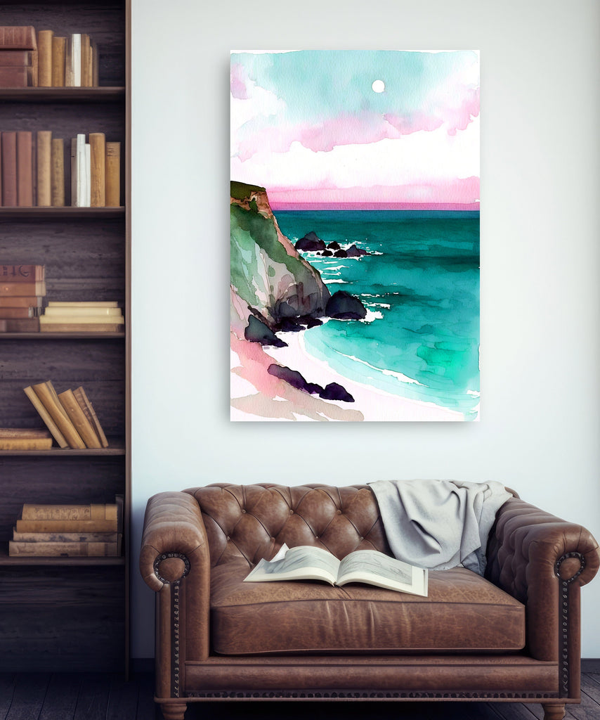 California Big Sur Beach Sunset Art Print Watercolor Ocean Wall Art Coastal Landscape Painting Gift Beach House Decor