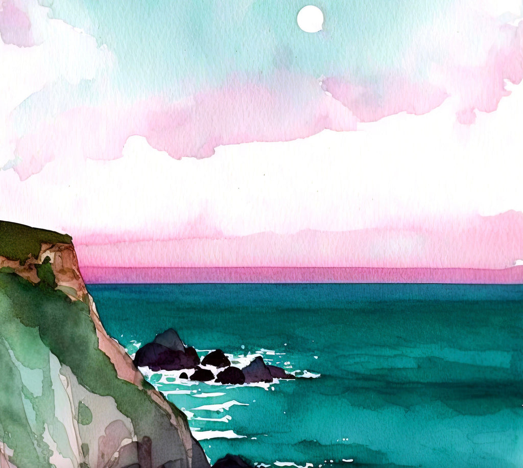 California Big Sur Beach Sunset Art Print Watercolor Ocean Wall Art Coastal Landscape Painting Gift Beach House Decor