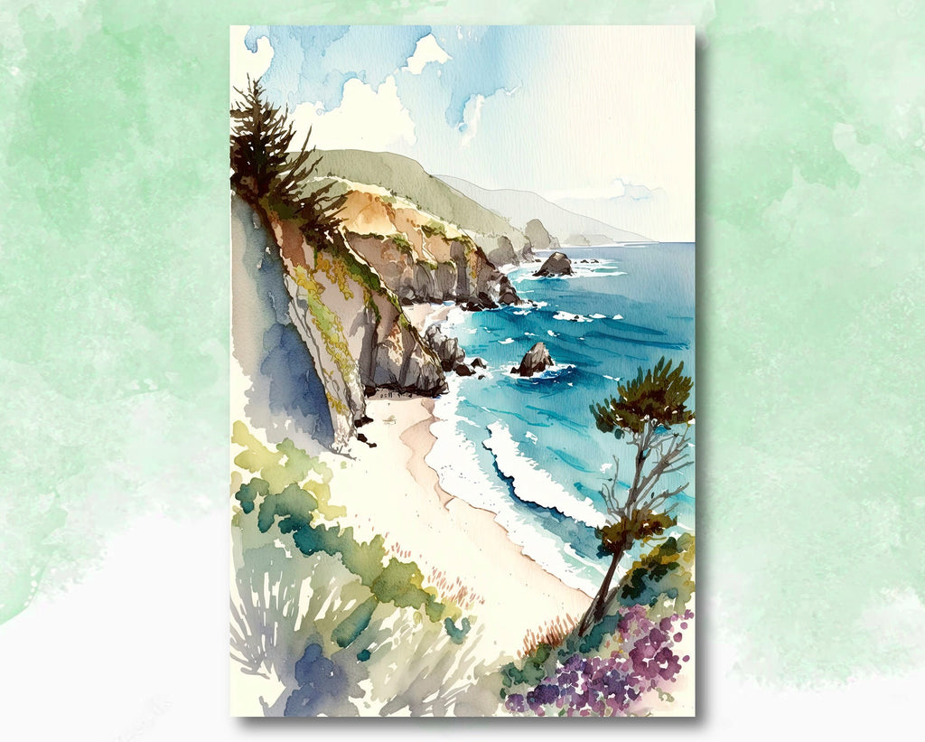 California Big Sur Beach Print Watercolor Ocean Wall Art Tropical Nature Gift Coastal Landscape Home Decor