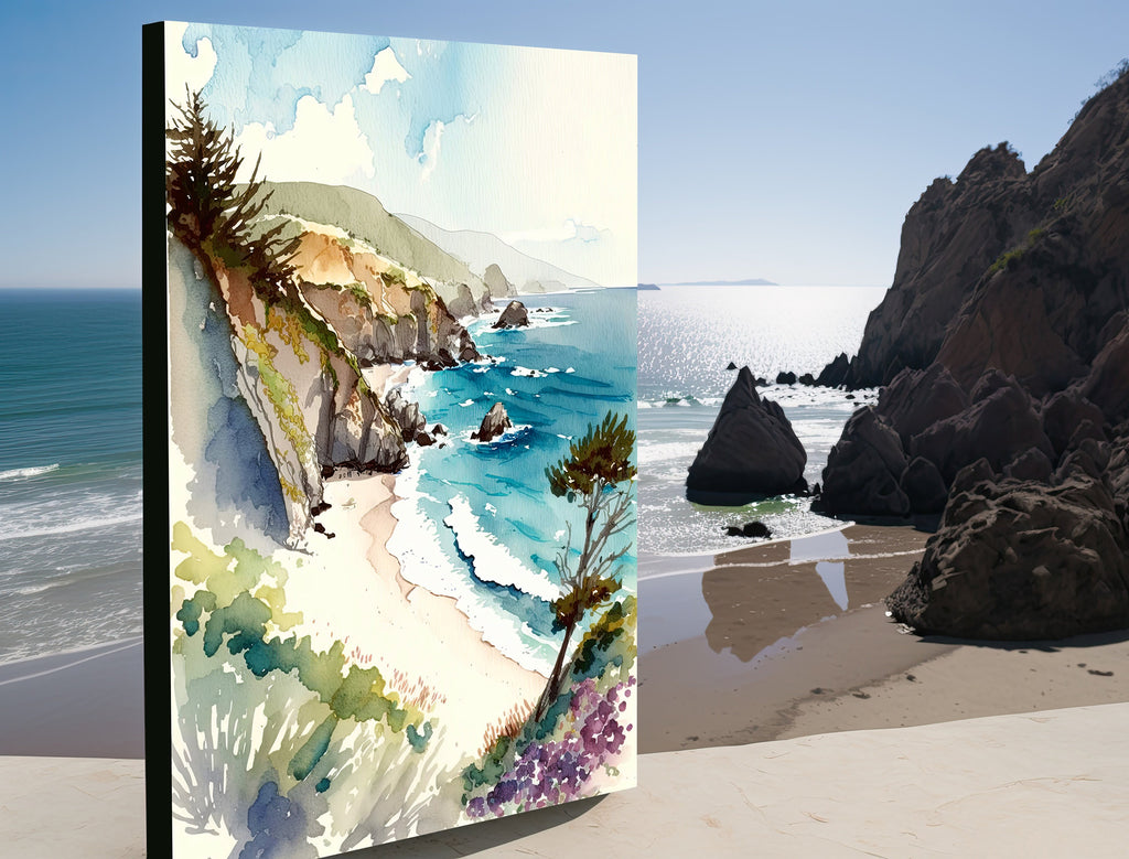 California Big Sur Beach Print Watercolor Ocean Wall Art Tropical Nature Gift Coastal Landscape Home Decor