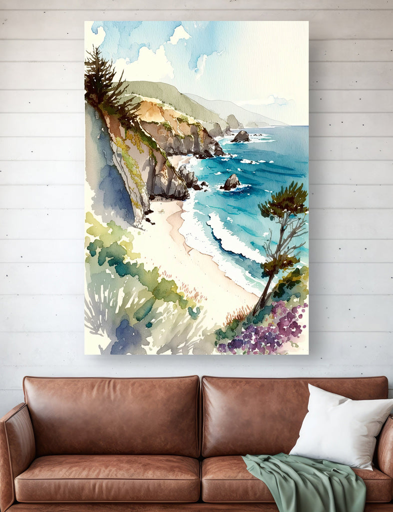 California Big Sur Beach Print Watercolor Ocean Wall Art Tropical Nature Gift Coastal Landscape Home Decor