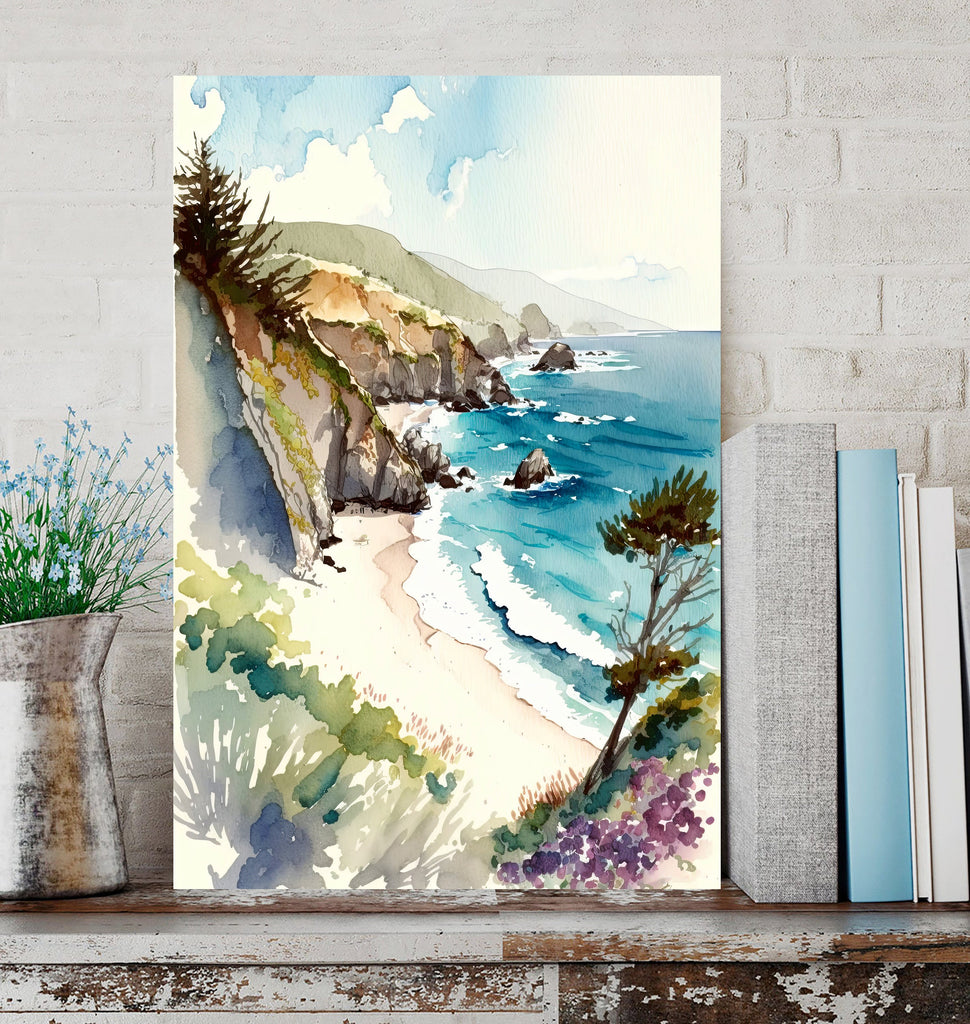 California Big Sur Beach Print Watercolor Ocean Wall Art Tropical Nature Gift Coastal Landscape Home Decor