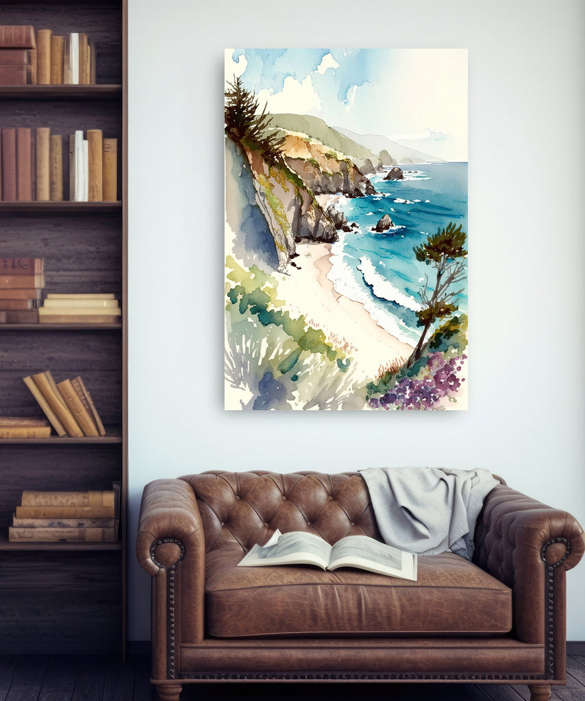 California Big Sur Beach Print Watercolor Ocean Wall Art Tropical Nature Gift Coastal Landscape Home Decor