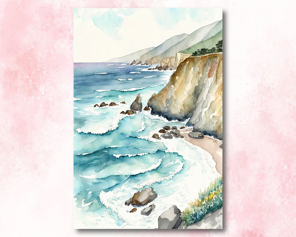 California Big Sur Beach Print Watercolor Ocean Wall Art Tropical Nature Gift Coastal Landscape Home Decor