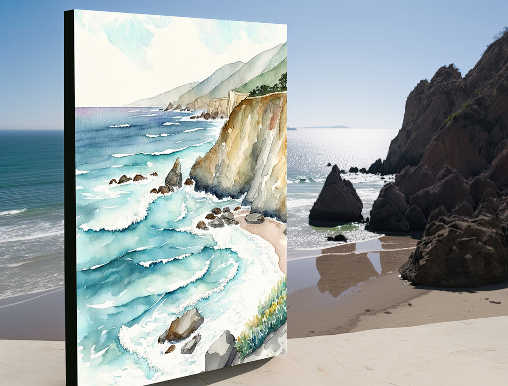 California Big Sur Beach Print Watercolor Ocean Wall Art Tropical Nature Gift Coastal Landscape Home Decor