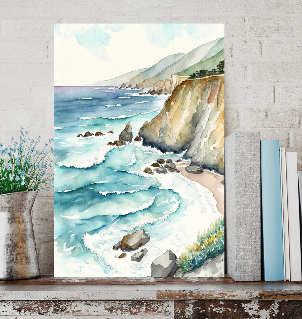 California Big Sur Beach Print Watercolor Ocean Wall Art Tropical Nature Gift Coastal Landscape Home Decor