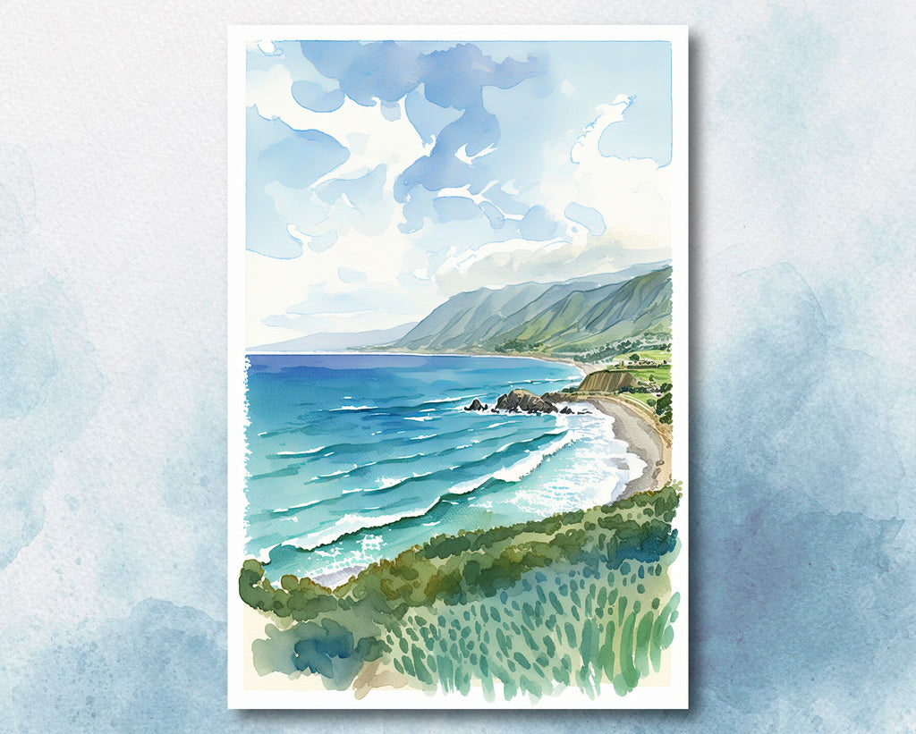 California Big Sur Beach Print Watercolor Ocean Wall Art Tropical Nature Gift Coastal Landscape Home Decor