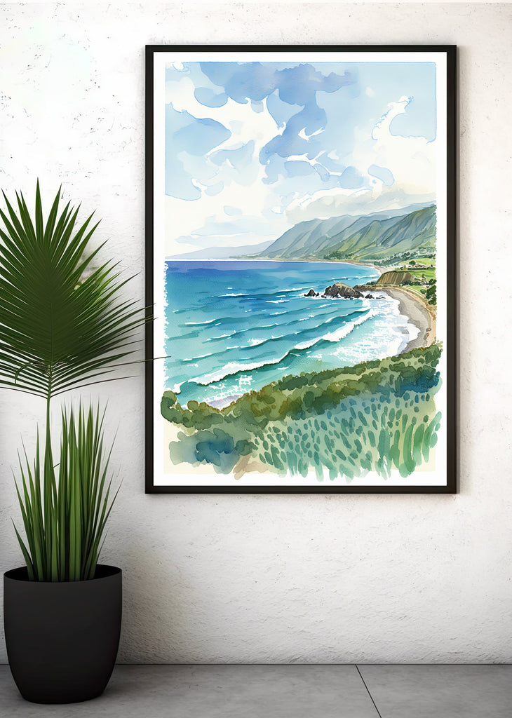 California Big Sur Beach Print Watercolor Ocean Wall Art Tropical Nature Gift Coastal Landscape Home Decor