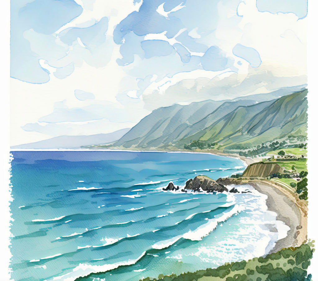 California Big Sur Beach Print Watercolor Ocean Wall Art Tropical Nature Gift Coastal Landscape Home Decor