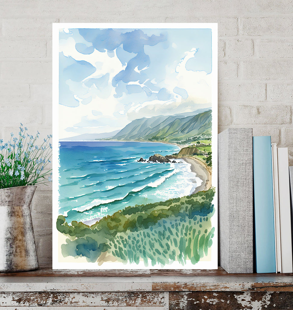 California Big Sur Beach Print Watercolor Ocean Wall Art Tropical Nature Gift Coastal Landscape Home Decor