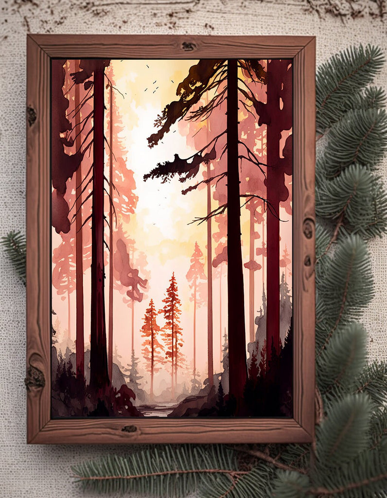 Forest Sunset Watercolor Wall Art Painting Pine Tree Nature Landscape Landscape Gift Woodland Home Decor